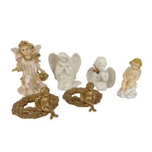 Vintage Lot of 6 Garden Fairy Angel Cherub Figurines & Candle Holders Set